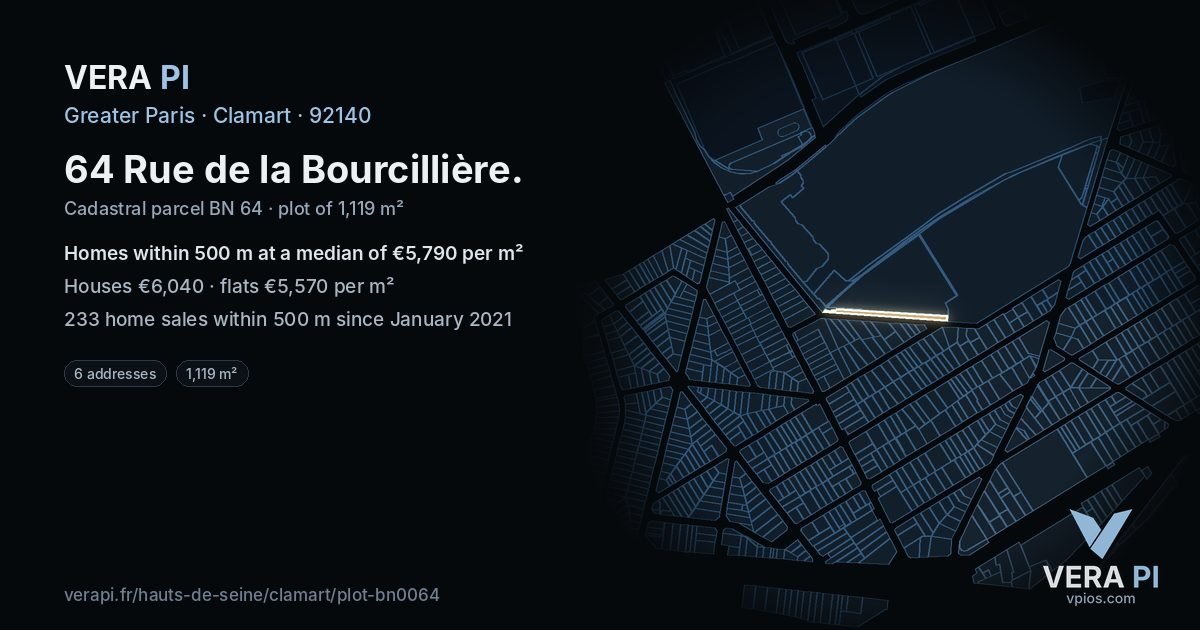 64 Rue de la Bourcillière, Clamart at night – the plot lit, the parcels around coloured by the prices near them