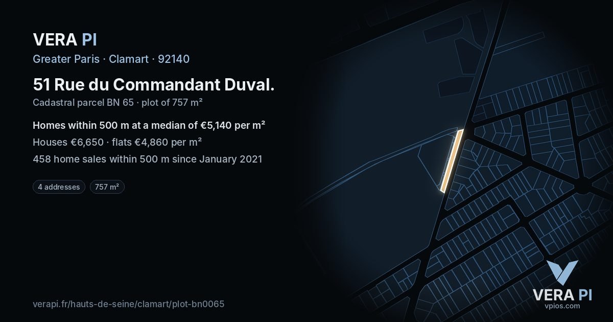 51 Rue du Commandant Duval, Clamart at night – the plot lit, the parcels around coloured by the prices near them