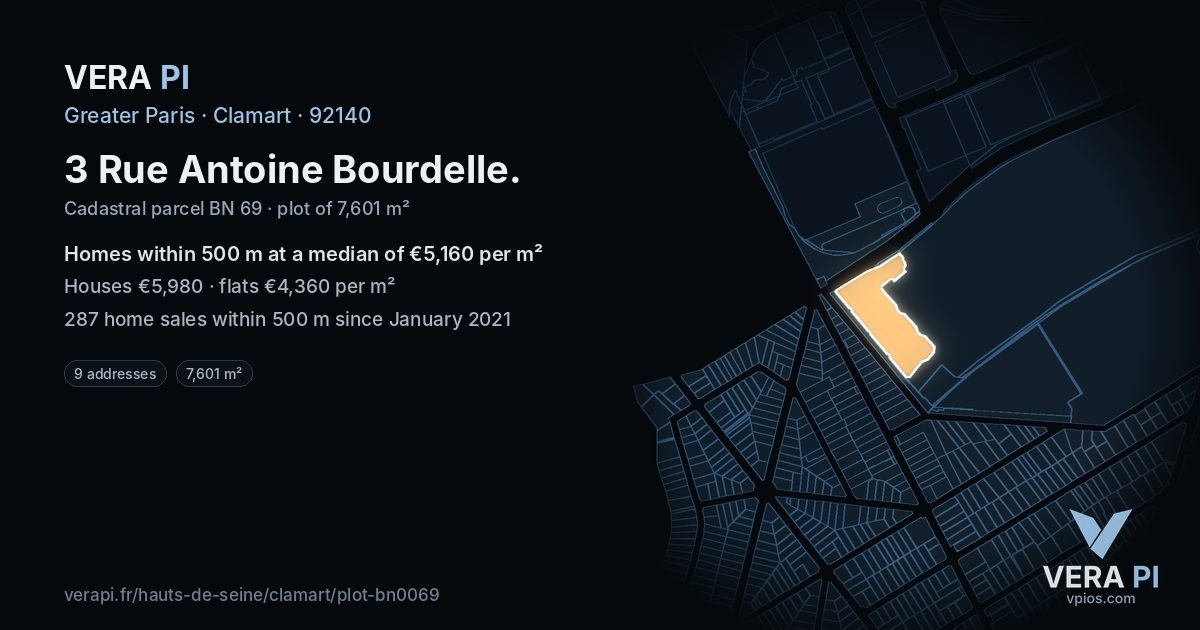 3 Rue Antoine Bourdelle, Clamart at night – the plot lit, the parcels around coloured by the prices near them