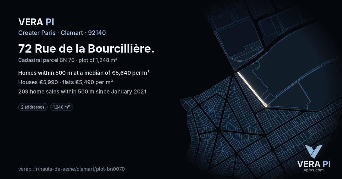 72 Rue de la Bourcillière, Clamart at night – the plot lit, the parcels around coloured by the prices near them