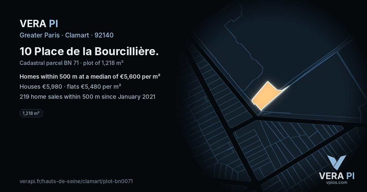 10 Place de la Bourcillière, Clamart at night – the plot lit, the parcels around coloured by the prices near them