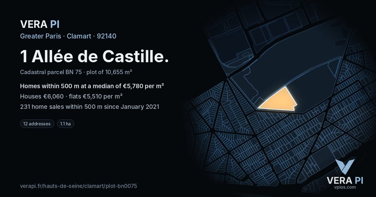 1 Allée de Castille, Clamart at night – the plot lit, the parcels around coloured by the prices near them