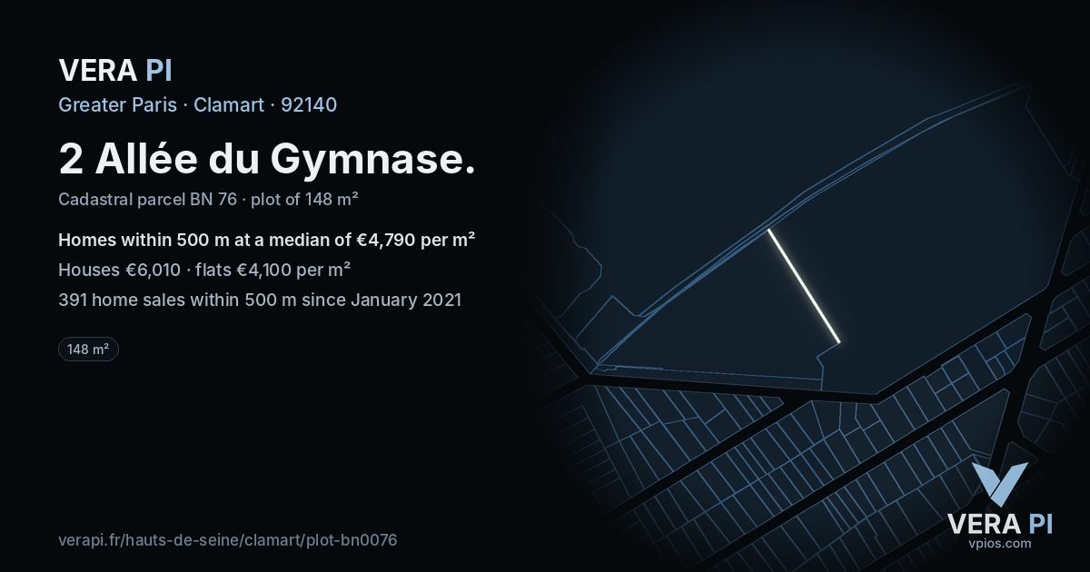 2 Allée du Gymnase, Clamart at night – the plot lit, the parcels around coloured by the prices near them