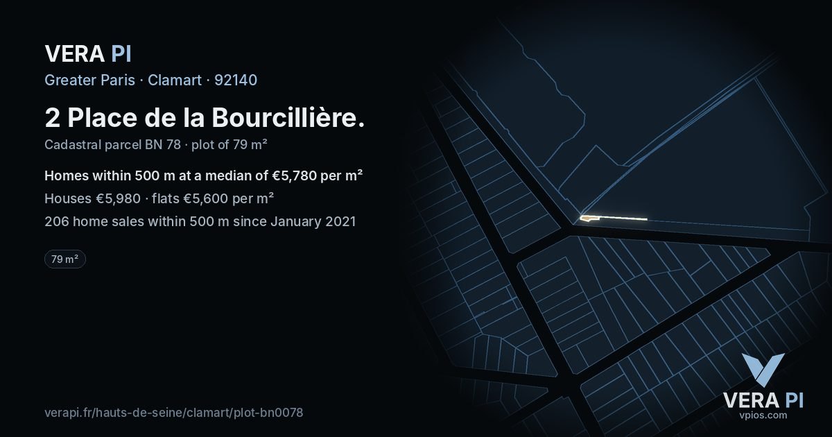 2 Place de la Bourcillière, Clamart at night – the plot lit, the parcels around coloured by the prices near them