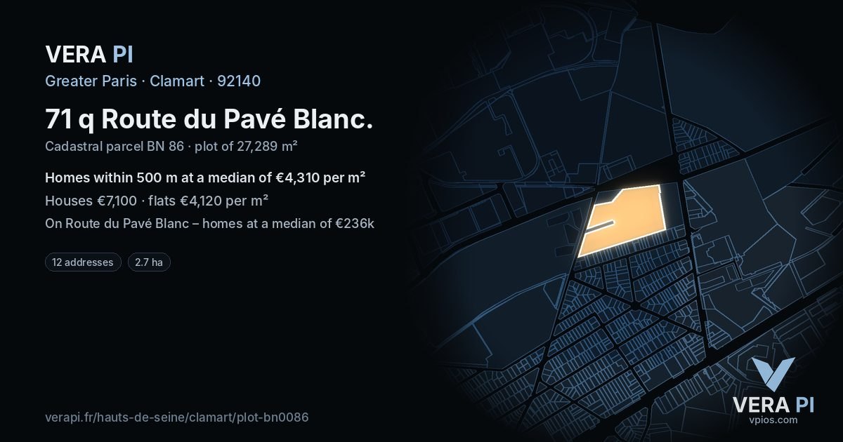 71 q Route du Pavé Blanc, Clamart at night – the plot lit, the parcels around coloured by the prices near them