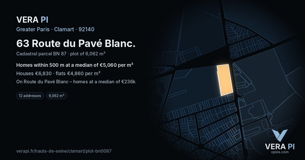 63 Route du Pavé Blanc, Clamart at night – the plot lit, the parcels around coloured by the prices near them