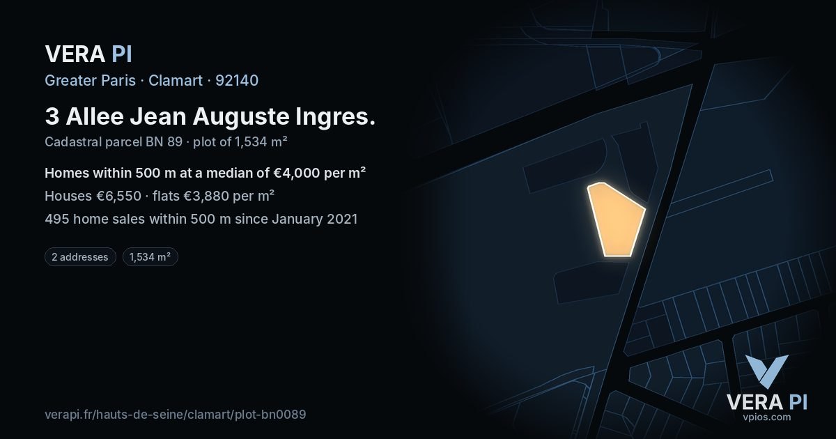 3 Allee Jean Auguste Ingres, Clamart at night – the plot lit, the parcels around coloured by the prices near them