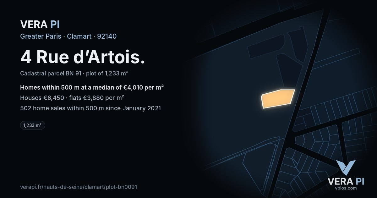 4 Rue d’Artois, Clamart at night – the plot lit, the parcels around coloured by the prices near them