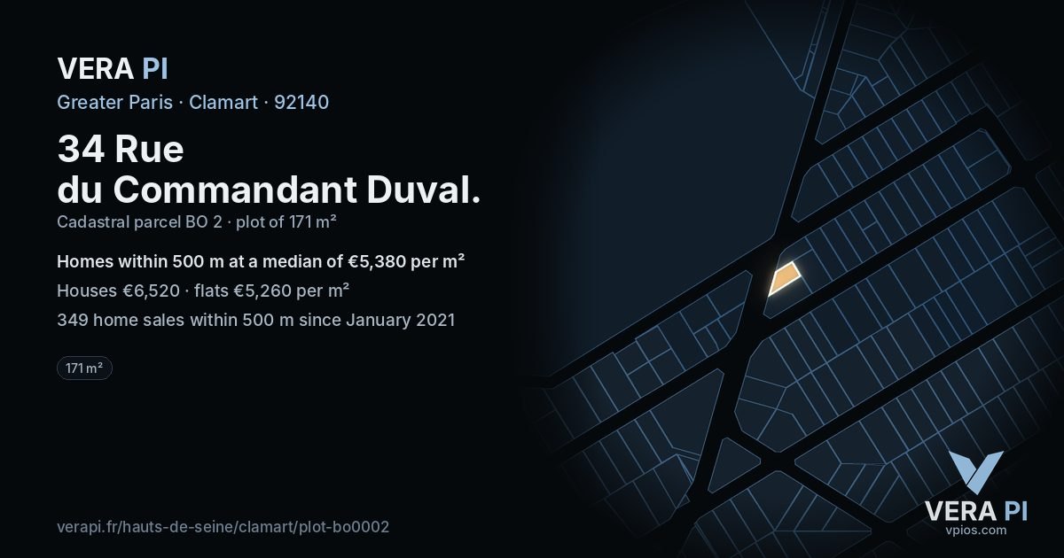 34 Rue du Commandant Duval, Clamart at night – the plot lit, the parcels around coloured by the prices near them