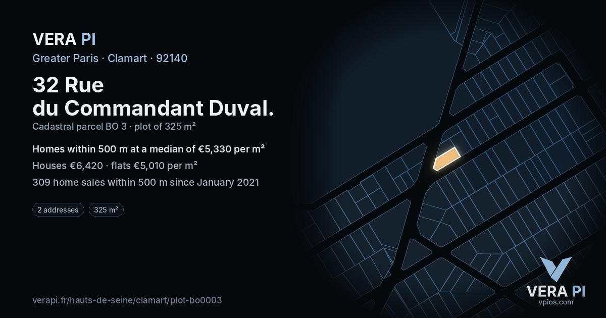 32 Rue du Commandant Duval, Clamart at night – the plot lit, the parcels around coloured by the prices near them