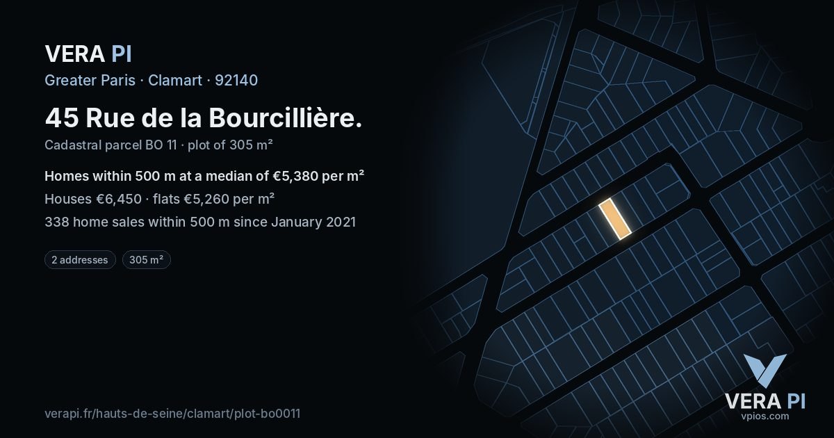 45 Rue de la Bourcillière, Clamart at night – the plot lit, the parcels around coloured by the prices near them