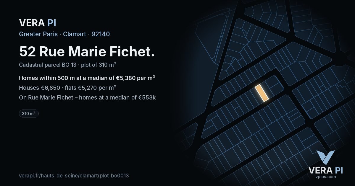 52 Rue Marie Fichet, Clamart at night – the plot lit, the parcels around coloured by the prices near them