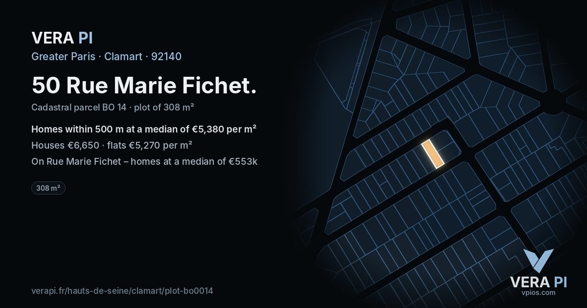 50 Rue Marie Fichet, Clamart at night – the plot lit, the parcels around coloured by the prices near them