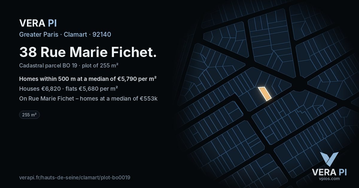 38 Rue Marie Fichet, Clamart at night – the plot lit, the parcels around coloured by the prices near them