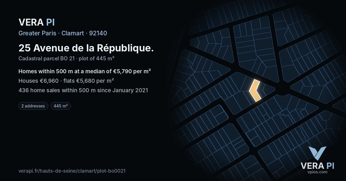25 Avenue de la République, Clamart at night – the plot lit, the parcels around coloured by the prices near them