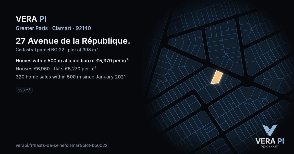 27 Avenue de la République, Clamart at night – the plot lit, the parcels around coloured by the prices near them