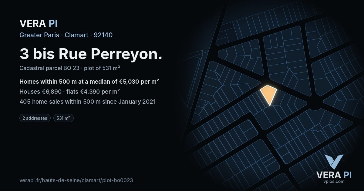 3 bis Rue Perreyon, Clamart at night – the plot lit, the parcels around coloured by the prices near them
