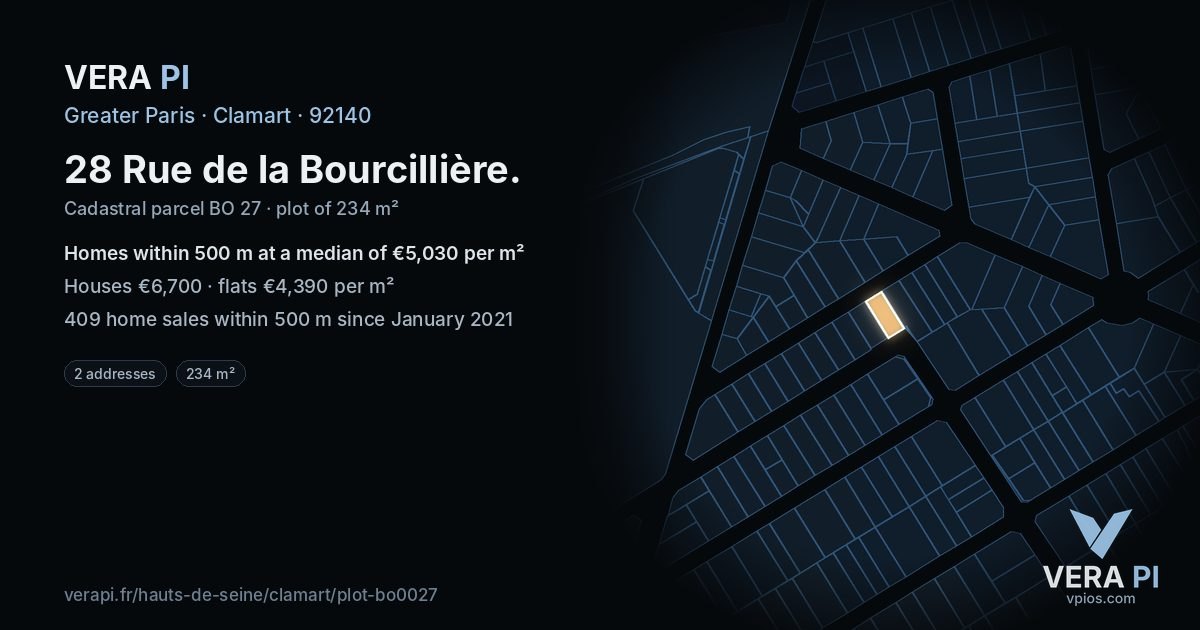 28 Rue de la Bourcillière, Clamart at night – the plot lit, the parcels around coloured by the prices near them