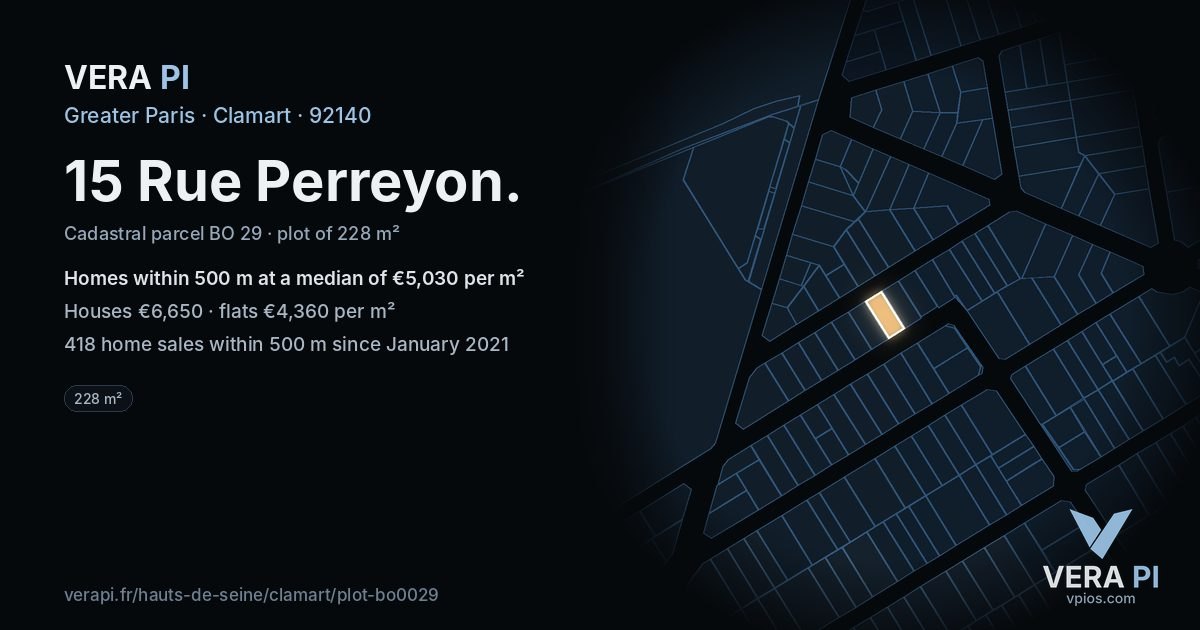 15 Rue Perreyon, Clamart at night – the plot lit, the parcels around coloured by the prices near them