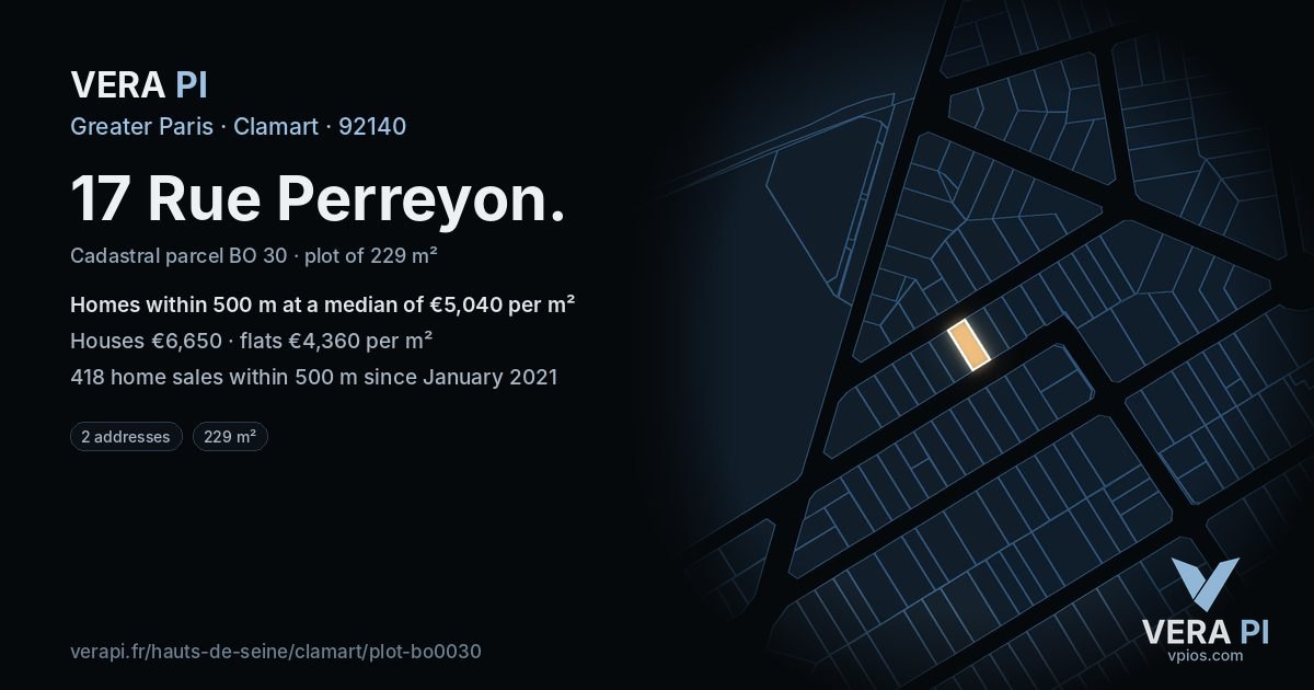 17 Rue Perreyon, Clamart at night – the plot lit, the parcels around coloured by the prices near them