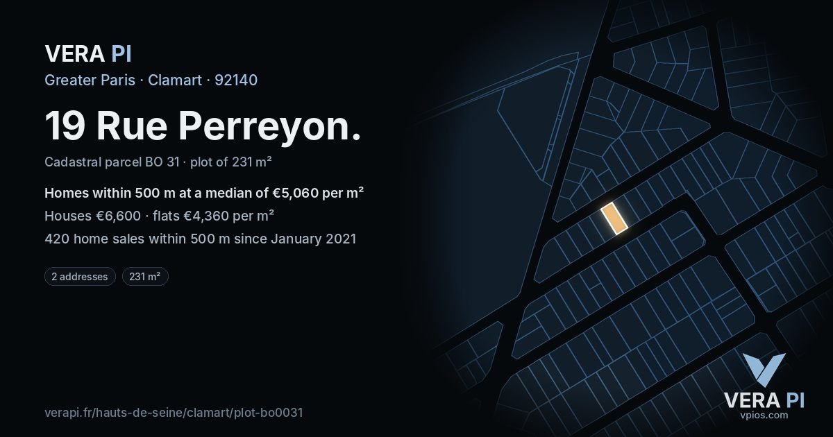 19 Rue Perreyon, Clamart at night – the plot lit, the parcels around coloured by the prices near them