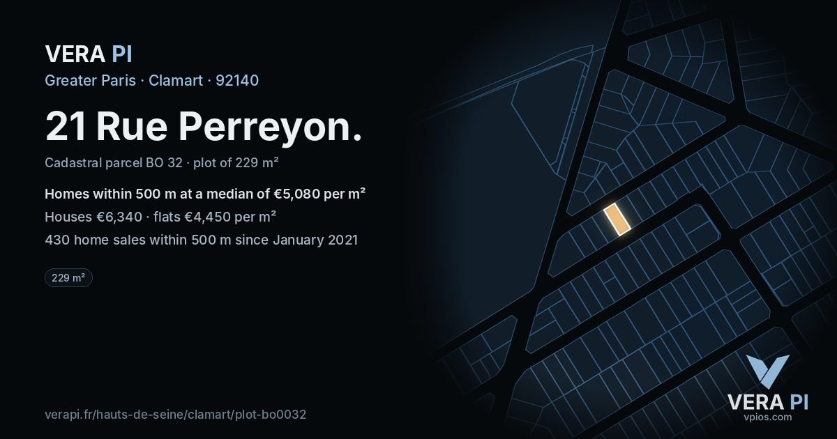 21 Rue Perreyon, Clamart at night – the plot lit, the parcels around coloured by the prices near them