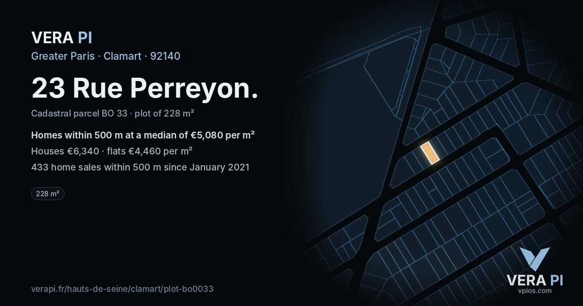 23 Rue Perreyon, Clamart at night – the plot lit, the parcels around coloured by the prices near them