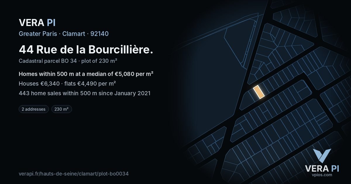 44 Rue de la Bourcillière, Clamart at night – the plot lit, the parcels around coloured by the prices near them