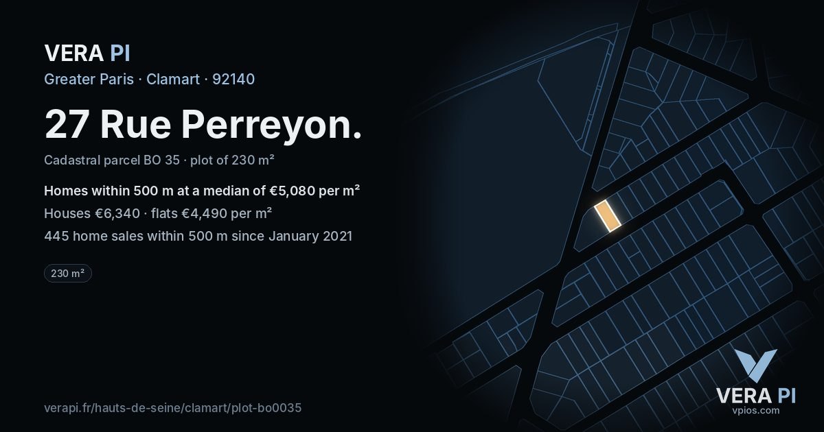 27 Rue Perreyon, Clamart at night – the plot lit, the parcels around coloured by the prices near them