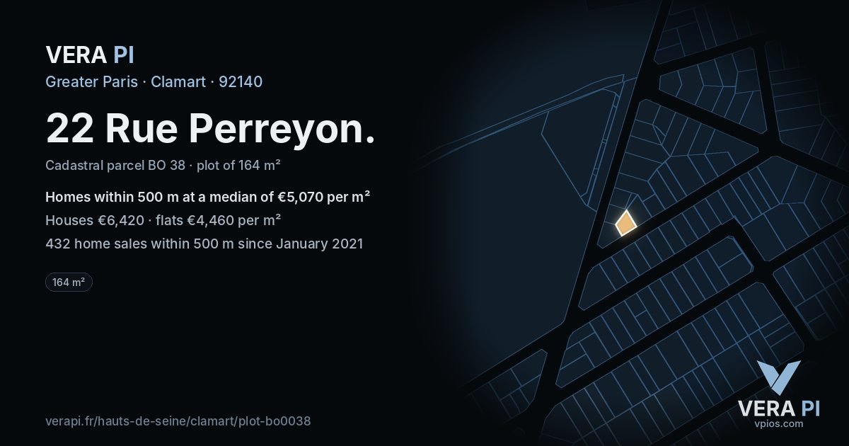 22 Rue Perreyon, Clamart at night – the plot lit, the parcels around coloured by the prices near them