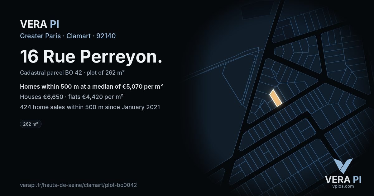 16 Rue Perreyon, Clamart at night – the plot lit, the parcels around coloured by the prices near them