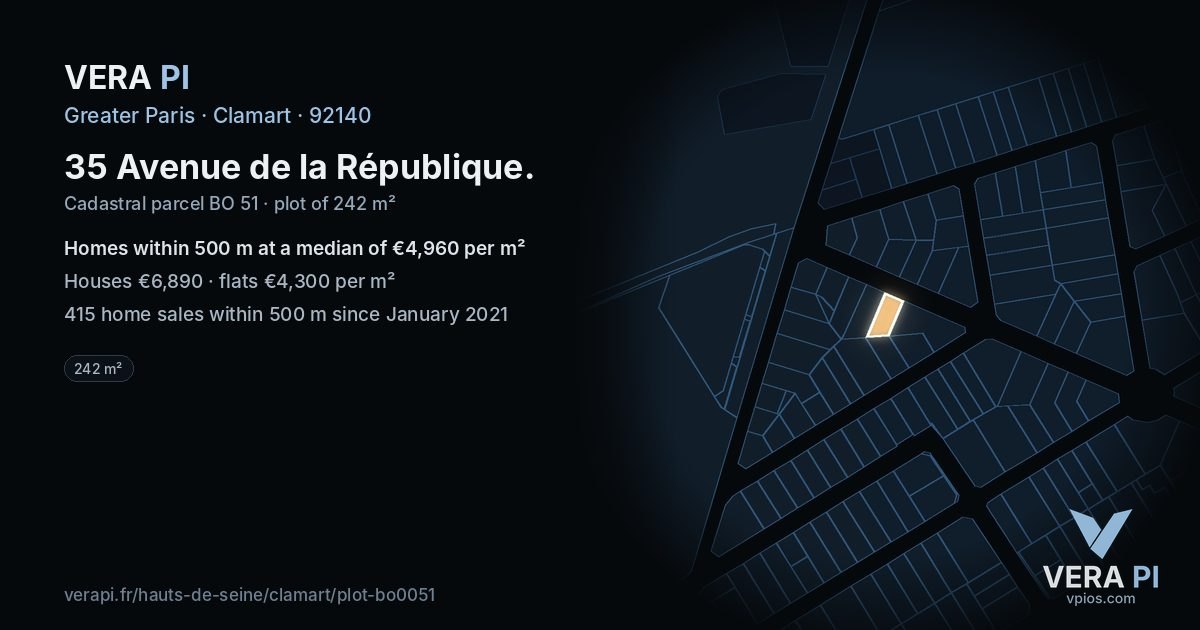 35 Avenue de la République, Clamart at night – the plot lit, the parcels around coloured by the prices near them