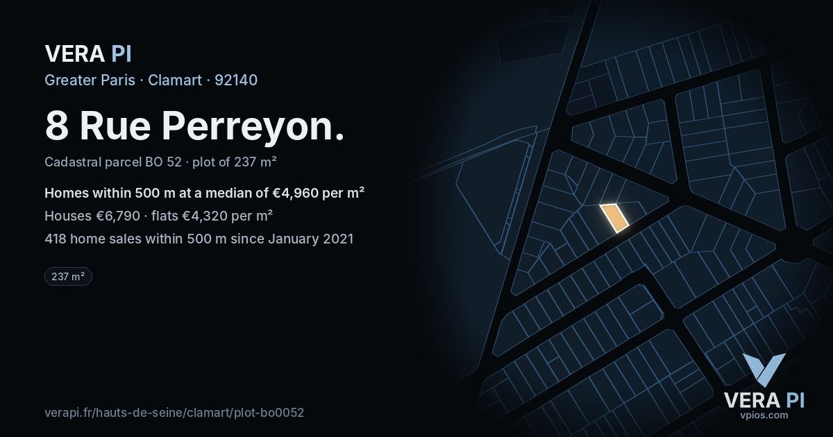 8 Rue Perreyon, Clamart at night – the plot lit, the parcels around coloured by the prices near them