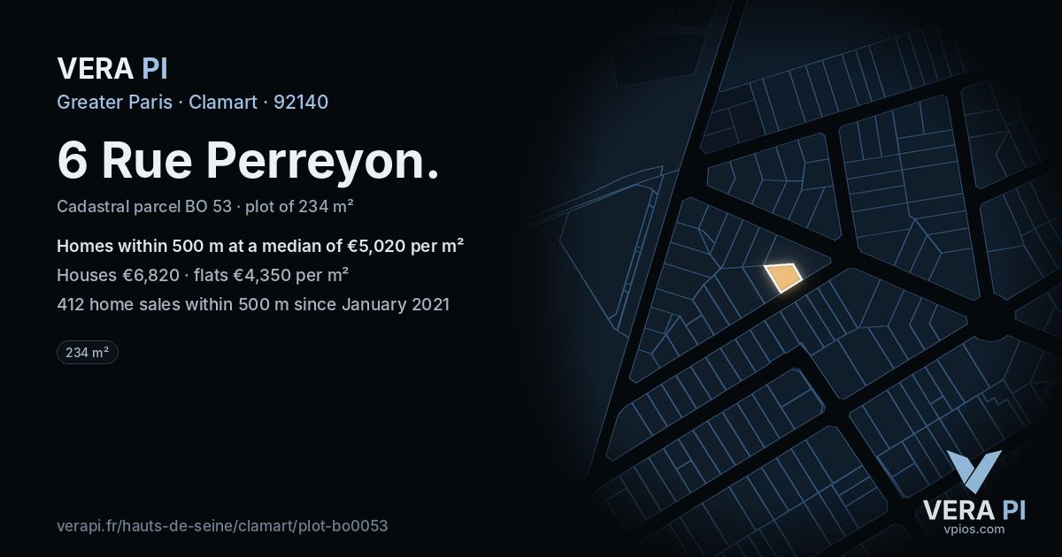 6 Rue Perreyon, Clamart at night – the plot lit, the parcels around coloured by the prices near them