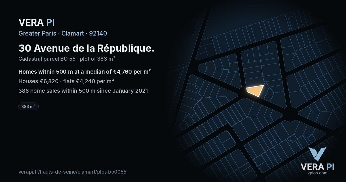 30 Avenue de la République, Clamart at night – the plot lit, the parcels around coloured by the prices near them