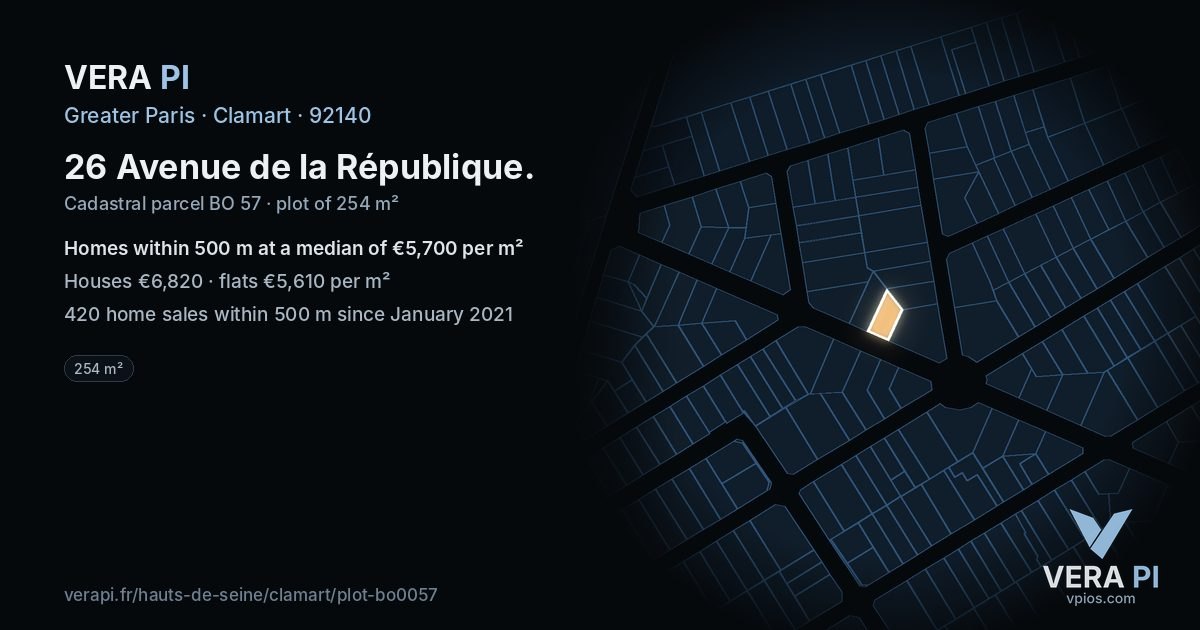 26 Avenue de la République, Clamart at night – the plot lit, the parcels around coloured by the prices near them