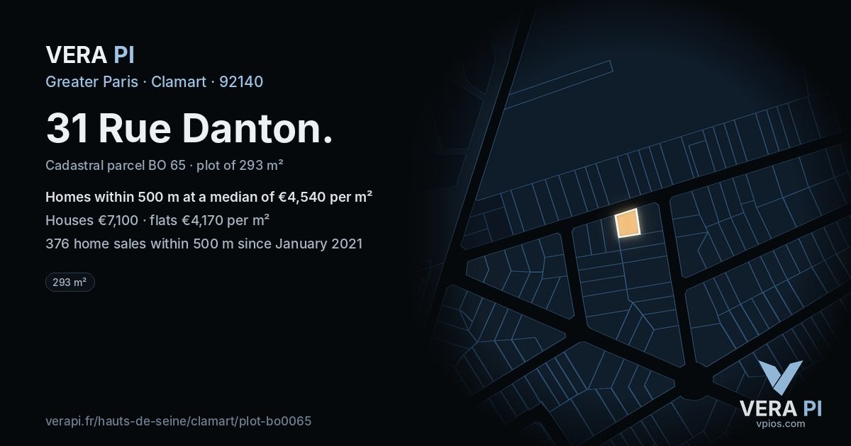 31 Rue Danton, Clamart at night – the plot lit, the parcels around coloured by the prices near them