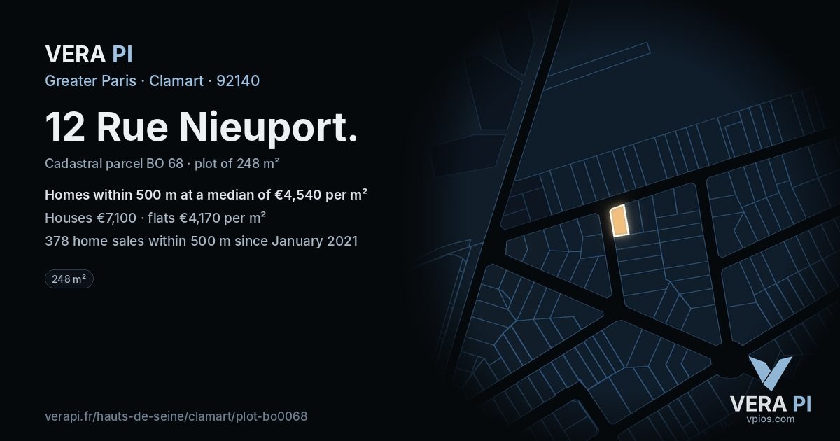 12 Rue Nieuport, Clamart at night – the plot lit, the parcels around coloured by the prices near them