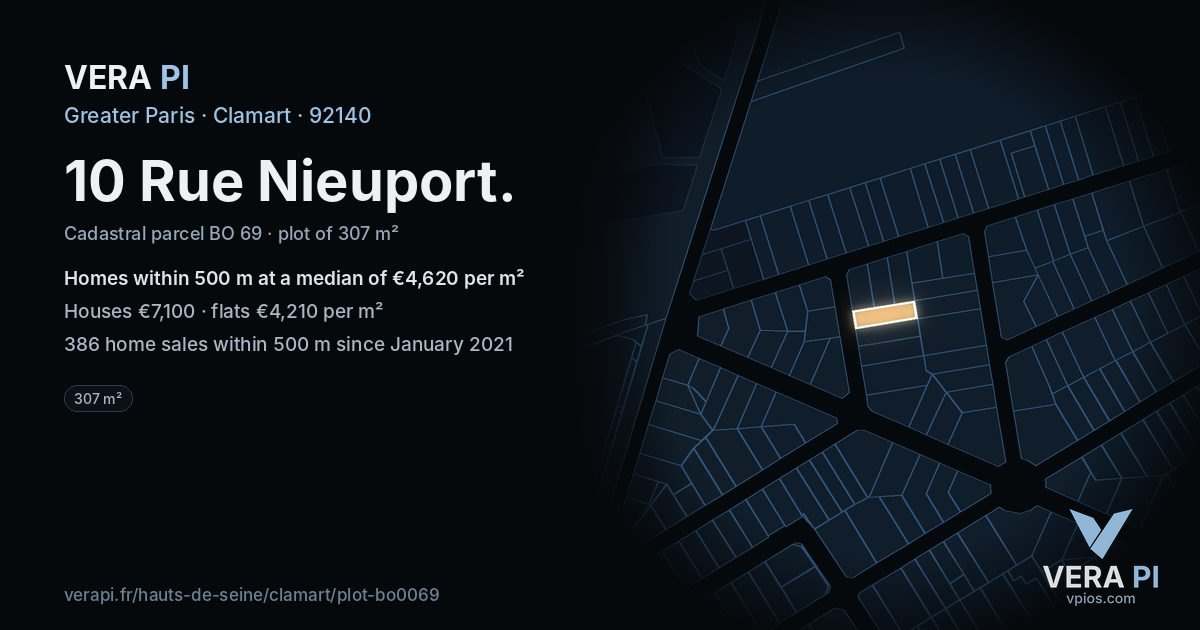 10 Rue Nieuport, Clamart at night – the plot lit, the parcels around coloured by the prices near them