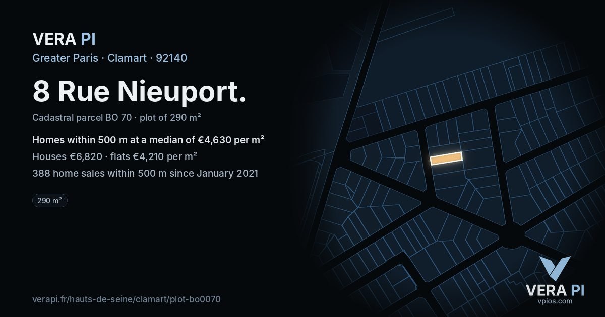 8 Rue Nieuport, Clamart at night – the plot lit, the parcels around coloured by the prices near them