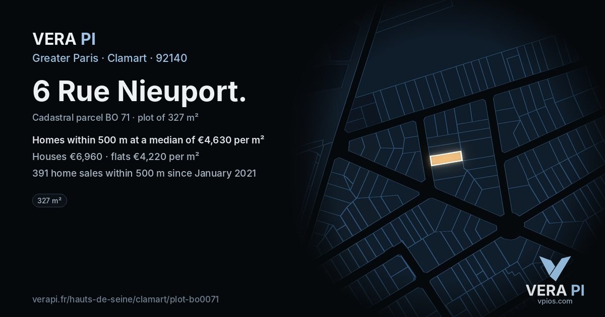 6 Rue Nieuport, Clamart at night – the plot lit, the parcels around coloured by the prices near them