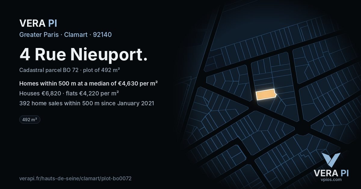 4 Rue Nieuport, Clamart at night – the plot lit, the parcels around coloured by the prices near them