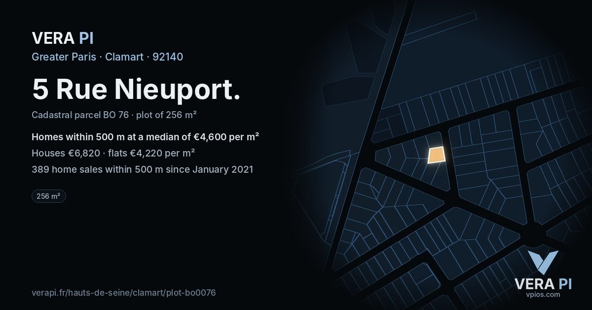 5 Rue Nieuport, Clamart at night – the plot lit, the parcels around coloured by the prices near them