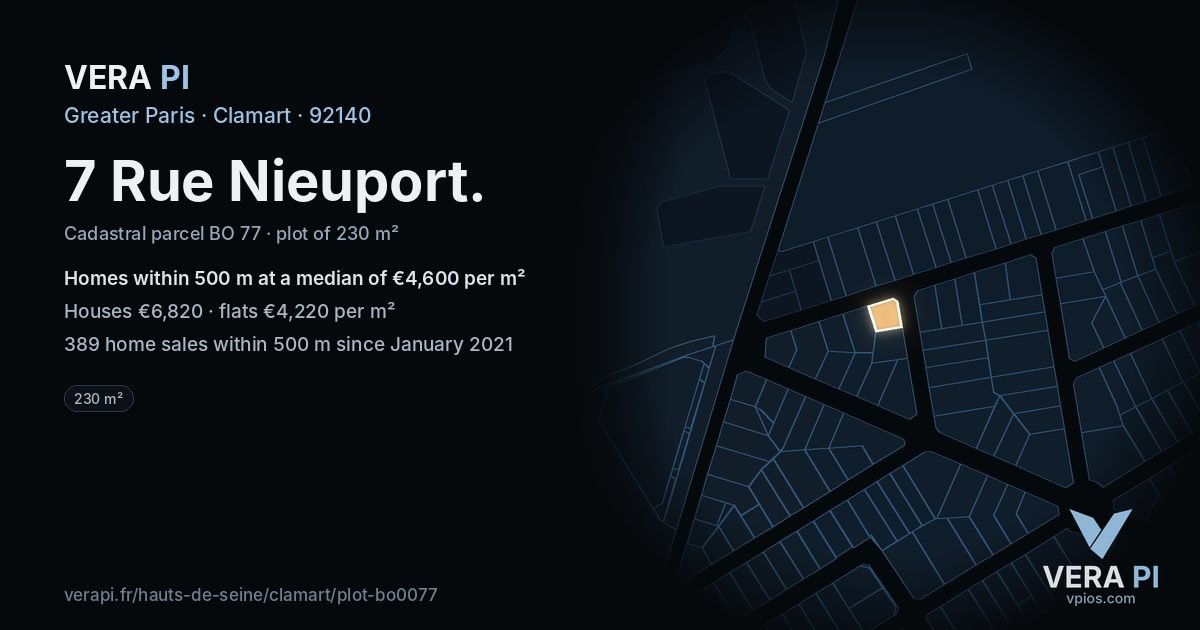 7 Rue Nieuport, Clamart at night – the plot lit, the parcels around coloured by the prices near them