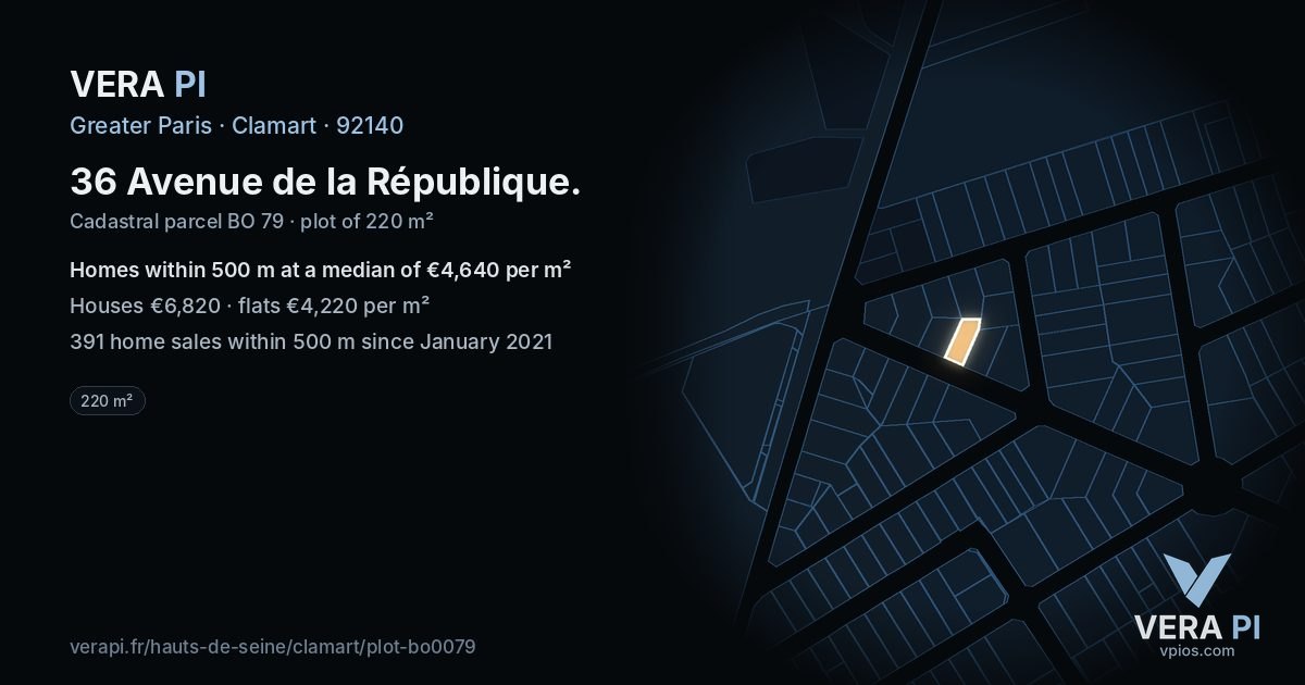 36 Avenue de la République, Clamart at night – the plot lit, the parcels around coloured by the prices near them
