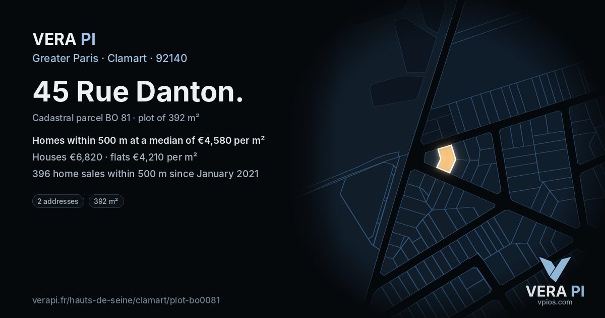 45 Rue Danton, Clamart at night – the plot lit, the parcels around coloured by the prices near them