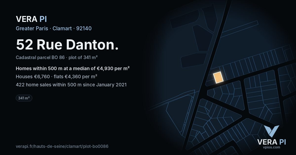 52 Rue Danton, Clamart at night – the plot lit, the parcels around coloured by the prices near them