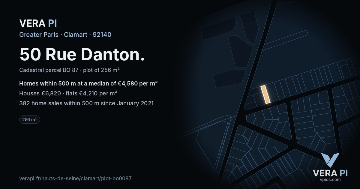 50 Rue Danton, Clamart at night – the plot lit, the parcels around coloured by the prices near them