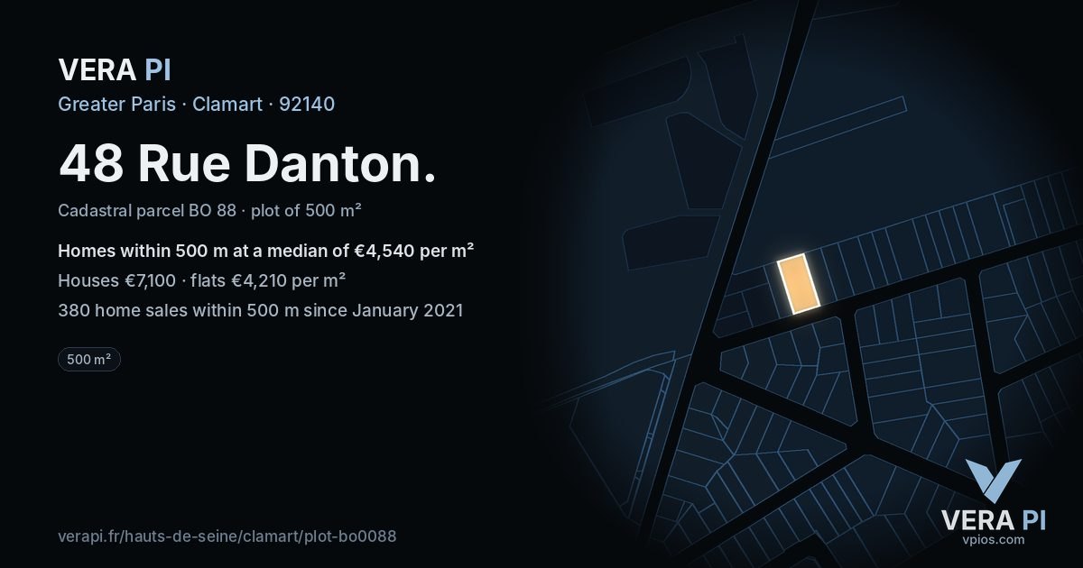 48 Rue Danton, Clamart at night – the plot lit, the parcels around coloured by the prices near them