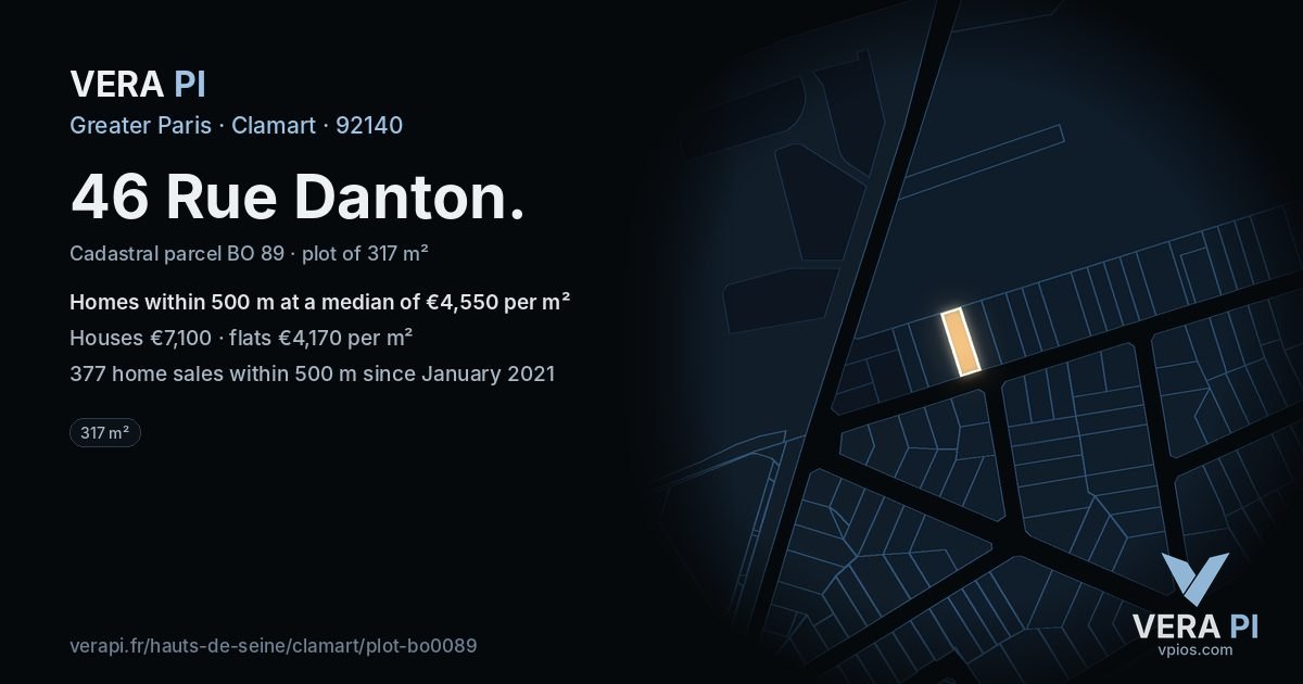 46 Rue Danton, Clamart at night – the plot lit, the parcels around coloured by the prices near them